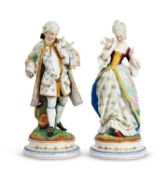 A PAIR OF CONTINENTAL BISQUE PORCELAIN FIGURES OF A LADY AND GENTLEMAN