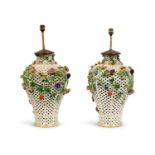 A PAIR OF MID 19TH CENTURY MEISSEN PORCELAIN FRUIT AND FLOWER VASES