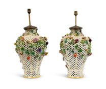 A PAIR OF MID 19TH CENTURY MEISSEN PORCELAIN FRUIT AND FLOWER VASES