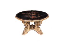 A LATE 19TH / EARLY 20TH CENTURY CHINOISERIE LACQUERED, PAINTED AND PARCEL GILT CENTRE TABLE