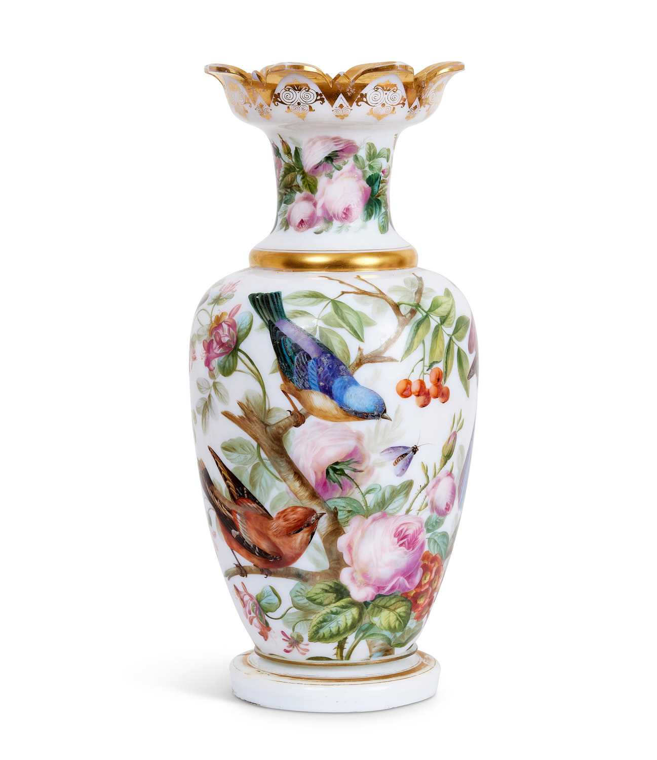 ATTRIBUTED TO BACCARAT: A RARE MID 19TH CENTURY OPALINE GLASS VASE DECORATED WITH EXOTIC BIRDS