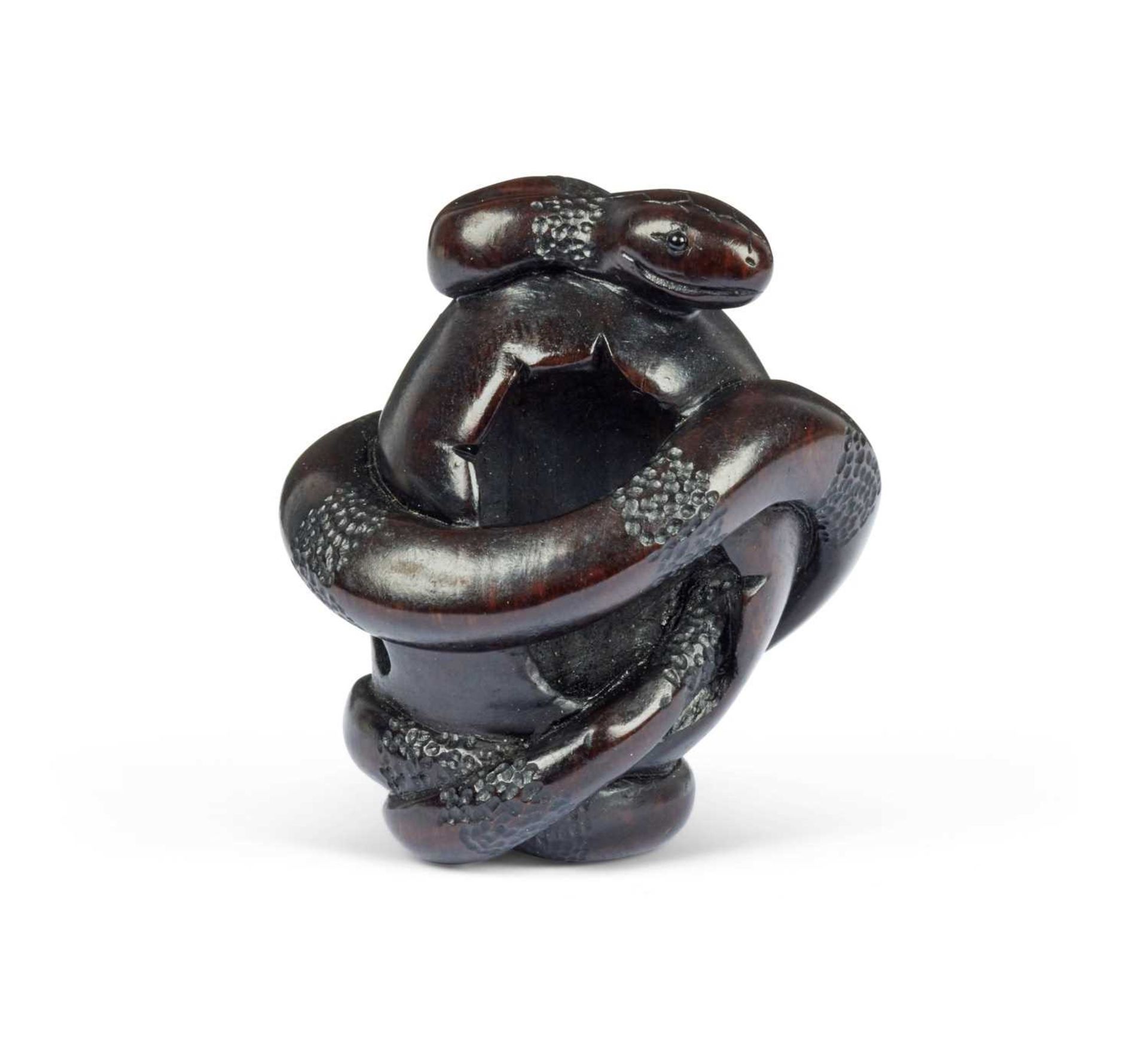 A CARVED WOOD NETSUKE IN THE FORM OF A SNAKE