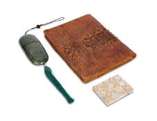A 1940'S CROCODILE SKIN DOCUMENT HOLDER TOGETHER WITH TWO OTHER ITEMS