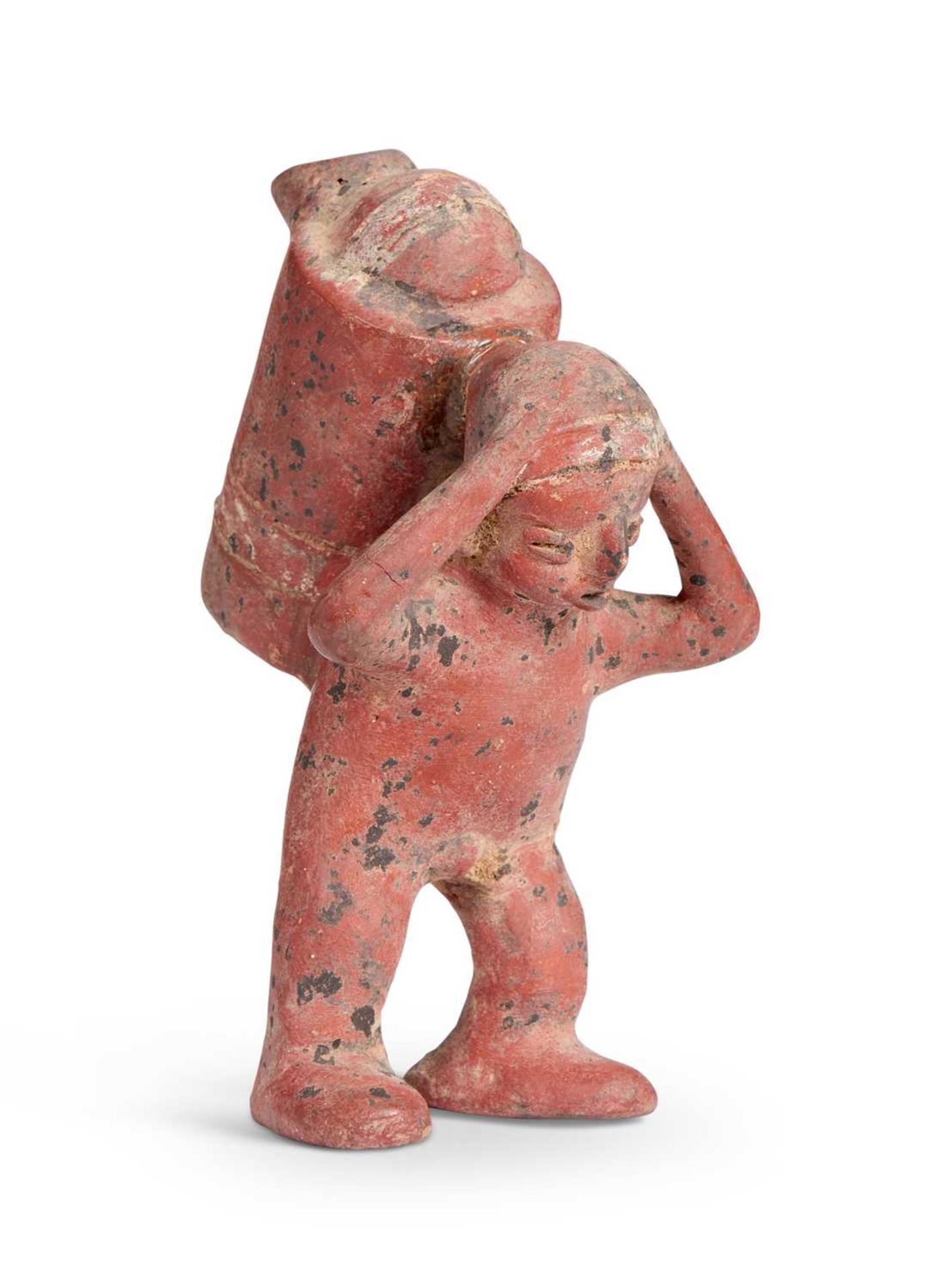 A PRE COLUMBIAN TERRACOTTA MODEL OF A WATER CARRIER, WEST MEXICO