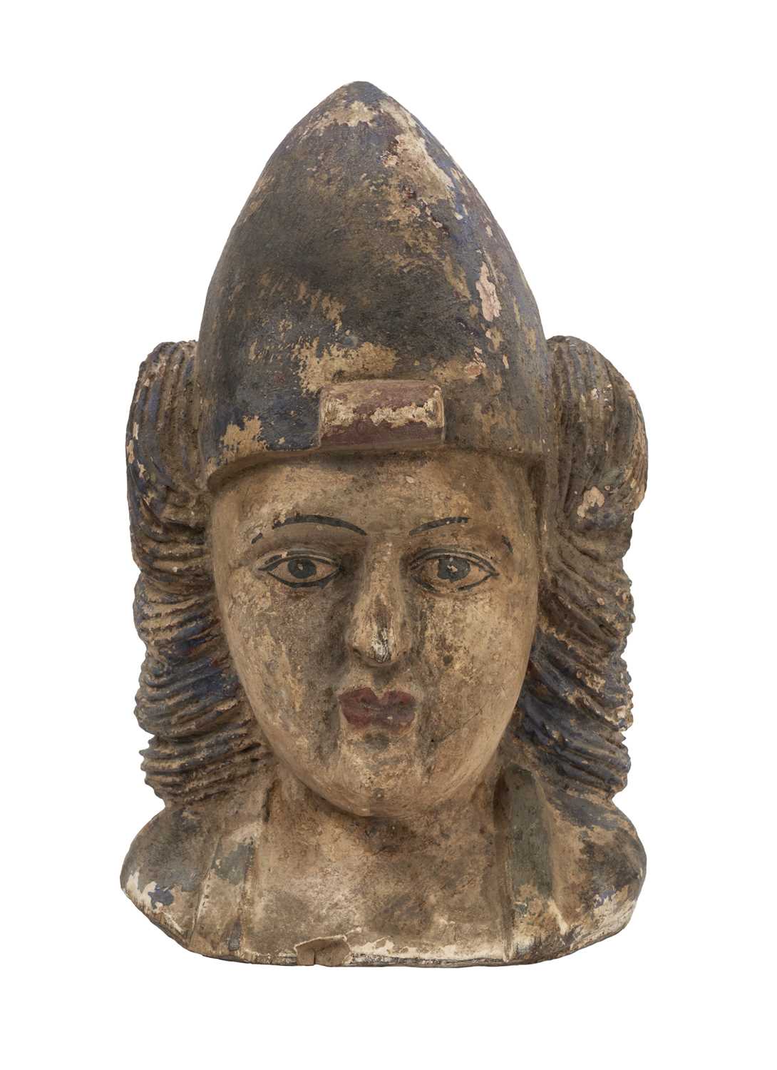 AN INDIAN PAINTED WOOD BUST OF A GODDESS