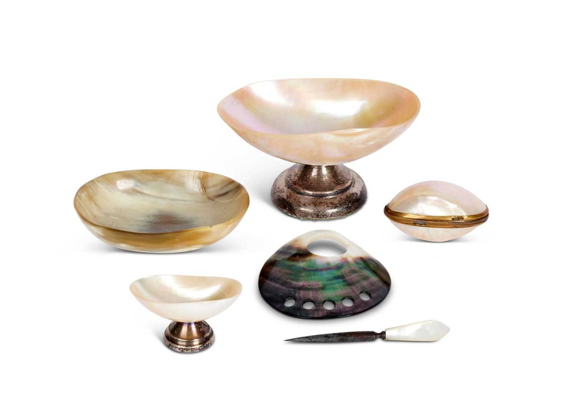 A COLLECTION OF 19TH CENTURY AND LATER MOTHER OF PEARL WORKS OF ART