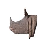 A PAINTED CAST OF A WHITE RHINOCEROS HALF HEAD BY SIMON 'THE STUFFA' WILSON