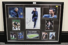 A FRAMED AND GLAZED FOOTBALL INTEREST SIGNED JOSE MOURINHO PHOTOGRAPH MONTAGE WITH CERTIFICATE OF