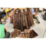 THREE VINTAGE LADIES REAL FUR COATS, TOGETHER WITH A BAG OF FUR ACCESSORIES TO INCLUDE STOLES