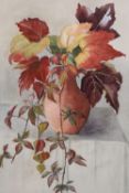 A FRAMED AND GLAZED WATERCOLOUR STILL LIFE STUDY OF FLOWERS IN A VASE PICTURE SIZE - 51CM X 32CM