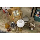 A BOX OF ASSORTED LAMPS TO INCLUDE AN OIL LAMP, TILLY LAMP ETC TOGETHER WITH A REPRODUCTION WALL