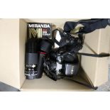 A BOX OF VINTAGE CAMERAS AND ACCESSORIES TO INCLUDE A MINOLTA X-300 CAMERA, FUJIFILM DIGITAL CAMERA,