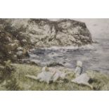 ROBERT GEMMELL HUTCHINSON (1860-1936). A rocky coastal scene with young girls resting, 'When the