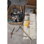 A SELECTION OF METALWARE, TOOLS ETC TO INCLUDE MILITARY TROWELS, FLAT IRONS ETC