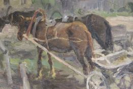 (XX). An impressionist study of working horses and carts. Signed lower left, oil on board, framed, ,