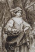 (XIX). British School. A monotone study of a peasant woman carrying a basket on a wooded