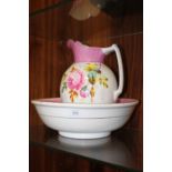 A HAND PAINTED CERAMIC JUG AND BOWL SET TOGETHER WITH A SMALL QUANTITY OF CERAMIC FIGURES ETC