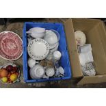 TWO LARGE BOXES OF ASSORTED DINNERWARE AND KITCHENALIA ETC. TO INCLUDE ROYAL WORCESTER GILDED CUPS