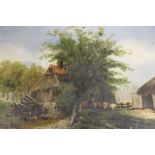 A VINTAGE GILT FRAMED OIL ON BOARD OF A FARMYARD SCENE WITH CATTLE PICTURE SIZE - 28CM X 19.5CM