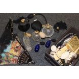 TWO BOXES OF DRESSING TABLE COLLECTABLES TO INCLUDE ATOMIZERS AND FANS