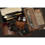 A BOX OF COLLECTABLES TO INCLUDE AN ANTIQUE MERCURY HYGROMETER, Negretti & Zambra Sportlite