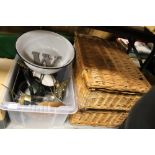 TWO WICKER PICNIC HAMPERS TOGETHER WITH A QUANTITY OF ENAMELLED KITCHENWARE ETC