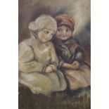A GILT FRAMED ANTIQUE OIL ON BOARD DEPICTING SEATED CHILDREN NOTE - SCRATCHES TO CENTRE PICTURE SIZE