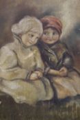 A GILT FRAMED ANTIQUE OIL ON BOARD DEPICTING SEATED CHILDREN NOTE - SCRATCHES TO CENTRE PICTURE SIZE