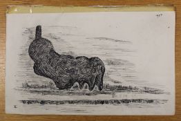 AN UNFRAMED PEN AND INK DRAWING OF AN ABSTRACT SCULPTURE IN THE STYLE OF HENRY MOORE SIZE - 35CM X