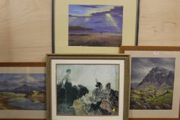 A COLLECTION OF PICTURES AND PRINTS TO INCLUDE TWO OIL PAINTINGS OF MOUNTAINOUS LANDSCAPES SIGNED