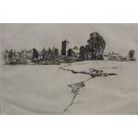 A GLAZED SIGNED JAMES PRIDDEY ETCHING OF SHAKESPEARES BIDFORD OVERALL SIZE - 42CM X 35CM