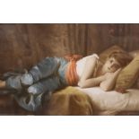 A GILT FRAMED AND GLAZED PARTIALLY OVER PAINTED PRINT OF A WOMAN RESTING BY PAUL TILLIER PICTURE