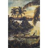 A FRAMED OIL ON CANVAS OF A SOUTH AMERICAN STYLE CANOEING SCENE WITH PALM TREES SIGNED DEMBE