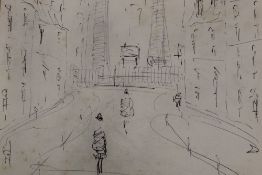 AN UNFRAMED PEN AND INK DRAWING ON PAPER OF A STREET SCENE IN THE STYLE OF L S LOWRY -25.5CM X 19CM