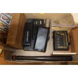 A BOX OF COLLECTABLES TO INCLUDE DIGITAL SCALES, TURNED WOODEN TRUNCHEON, POST AND CIGARETTE CARDS