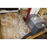 FOUR BOXES OF GLASSWARE TO INCLUDE A BOXED WATERFORD CRYSTAL MARQUIS TRAY, CUT GLASS DECANTERS ETC