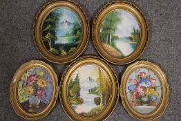 A BOX OF GILT FRAMED OIL PAINTINGS TO INCLUDE LANDSCAPES, STILL LIFE STUDIES ETC.