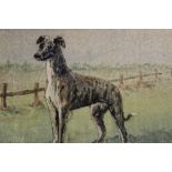 A PAIR OF GILT FRAMED OIL PAINTINGS ON BOARD DEPICTING GREYHOUNDS BOTH SIGNED L BATEMAN PICTURE SIZE