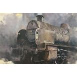 A SET OF THREE FRAMED AND GLAZED SIGNED LIMITED EDITION LOCOMOTIVE INTEREST DAVID SHEPHERD PRINTS