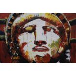 A LARGE UNFRAMED ACRYLIC ON CANVAS OF THE FACE OF THE STATUE OF LIBERTY IN THE STYLE OF JEAN- MICHEL