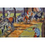 A GILT FRAMED IMPRESSIONIST OIL ON BOARD OF A HORSE RACING SCENE INDISTINCTLY SIGNED LOWER RIGHT