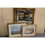 A LARGE GILT FRAMED WALL MIRROR OVERALL SIZE - 104CM X 74CM, TOGETHER WITH A FRAMED AND GLAZED