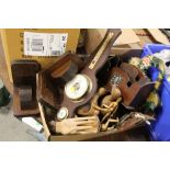 A TRAY OF TREEN TO INCLUDE A PAIR OF MAHOGANY BOOK ENDS, ARTS AND CRAFTS STYLE LETTER RACK ETC