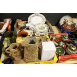 THREE TRAYS OF CERAMICS AND GLASSWARE TO INCLUDE A PART TEA SERVICE