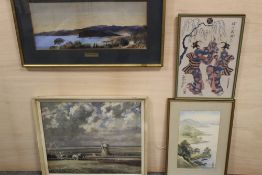 FOUR ASSORTED PICTURES TO INCLUDE AN ORIENTAL WATERCOLOUR ON SILK, FRAMED AND GLAZED ANTIQUE