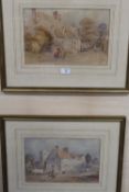 A PAIR OF GILT FRAMED AND GLAZED WATERCOLOURS DEPICTING FIGURES BESIDE COTTAGES, OVERALL SIZE 57 X