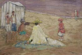 AFTER EDWARD LE BAS (1904-1966). An impressionist beach scene with figures and a bathing tent. Bears