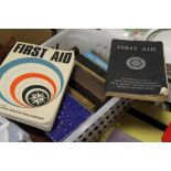 A BOX OF VINTAGE FIRST AID RELATED BOOKS TOGETHER WITH A BAG OF BIRD RELATED MAGAZINES