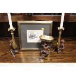 THREE MODERN CAST METAL MONKEY CANDLESTICKS/ CENTRE PIECE TOGETHER WITH AN EASTERN PICTURE (4)