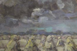 BAS. HEYMANS (XX). Dutch school, an impressionist stormy landscape with corn stooks. Signed lower